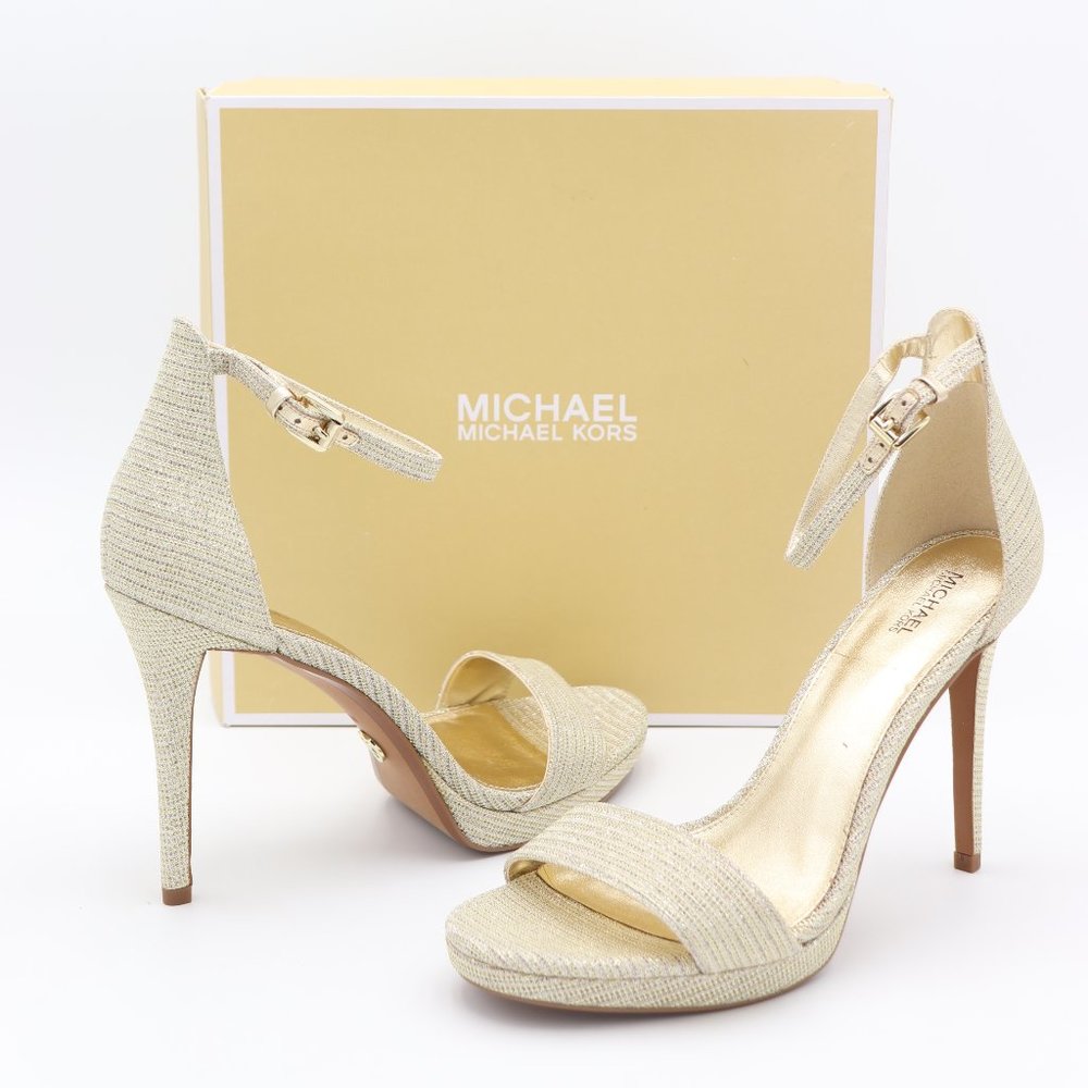 NIB Michael Kors Hutton Gold Glitter Chain Mesh Ankle Strap Sandals